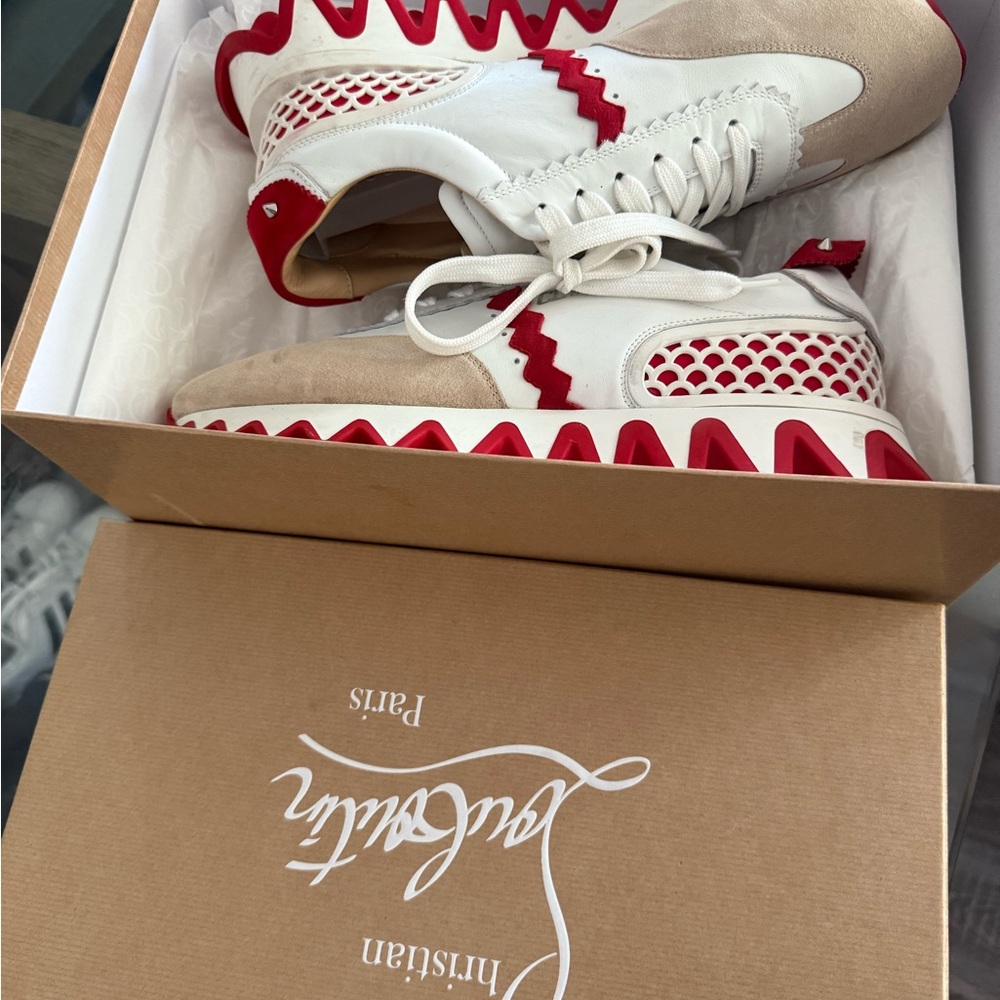 Christian Louboutin Beige and Red Zigzag Sneakers
